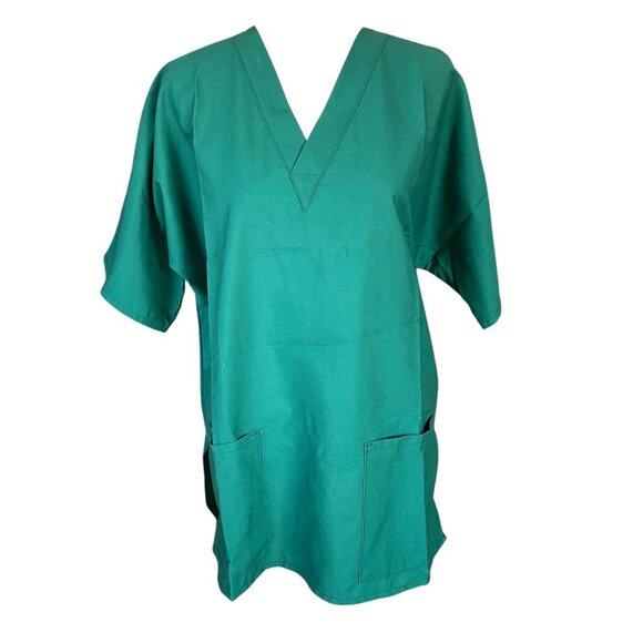 Bettie Dawn solid green short sleeve v-neck pullover scrub top with pockets M - Picture 1 of 7